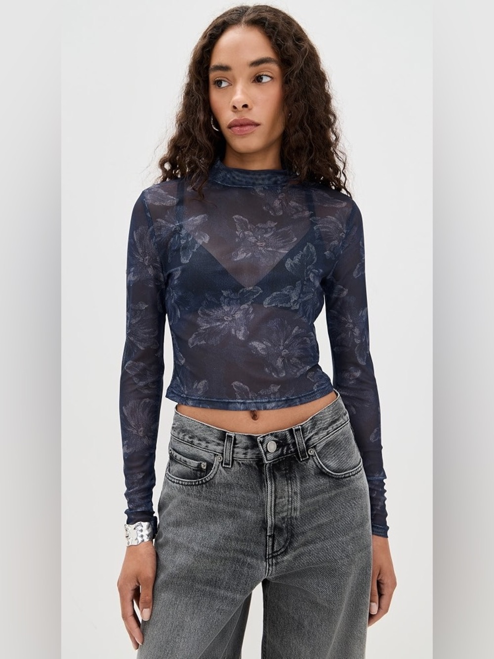 MINKPINK Navy Sheer Floral Long Sleeve Mesh Top